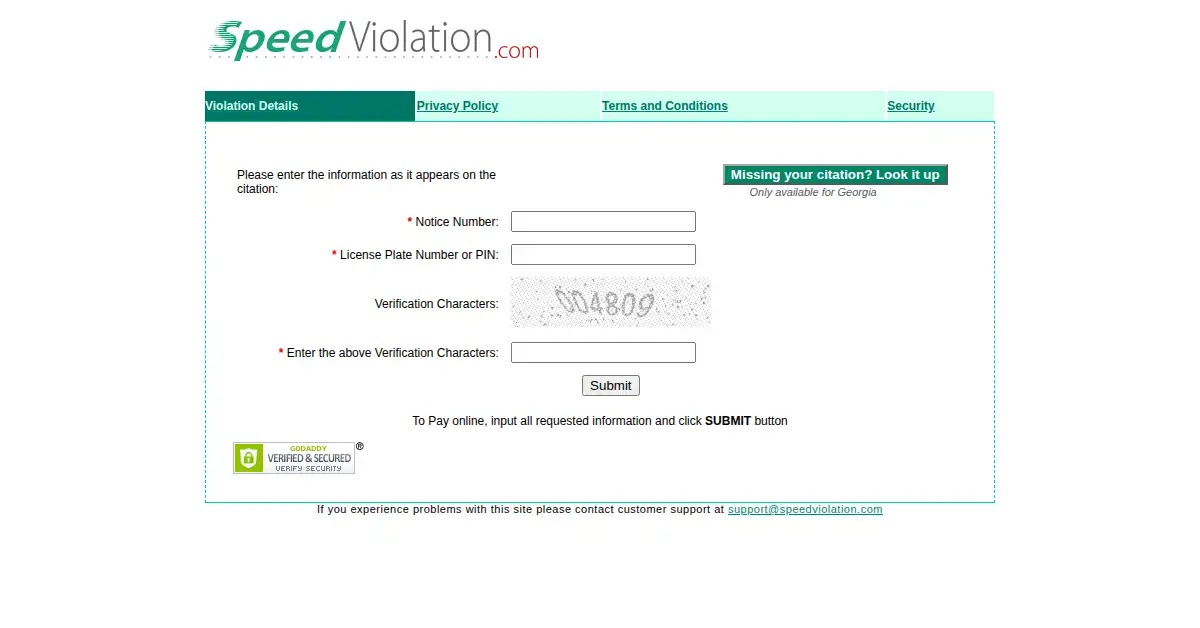 A picture of the homepage of speedviolation.com