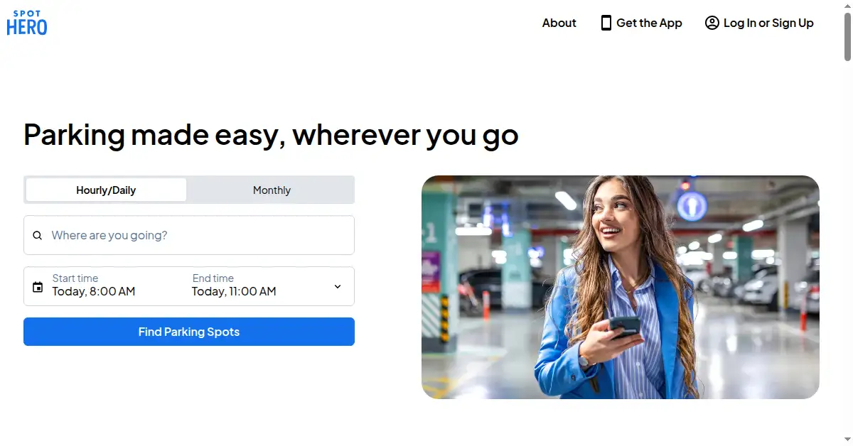A picture of the homepage of spothero.com