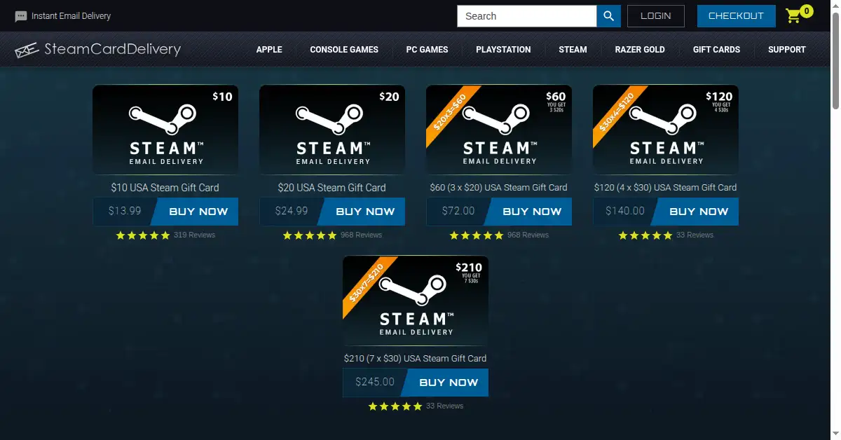 A picture of the homepage of steamcarddelivery.com