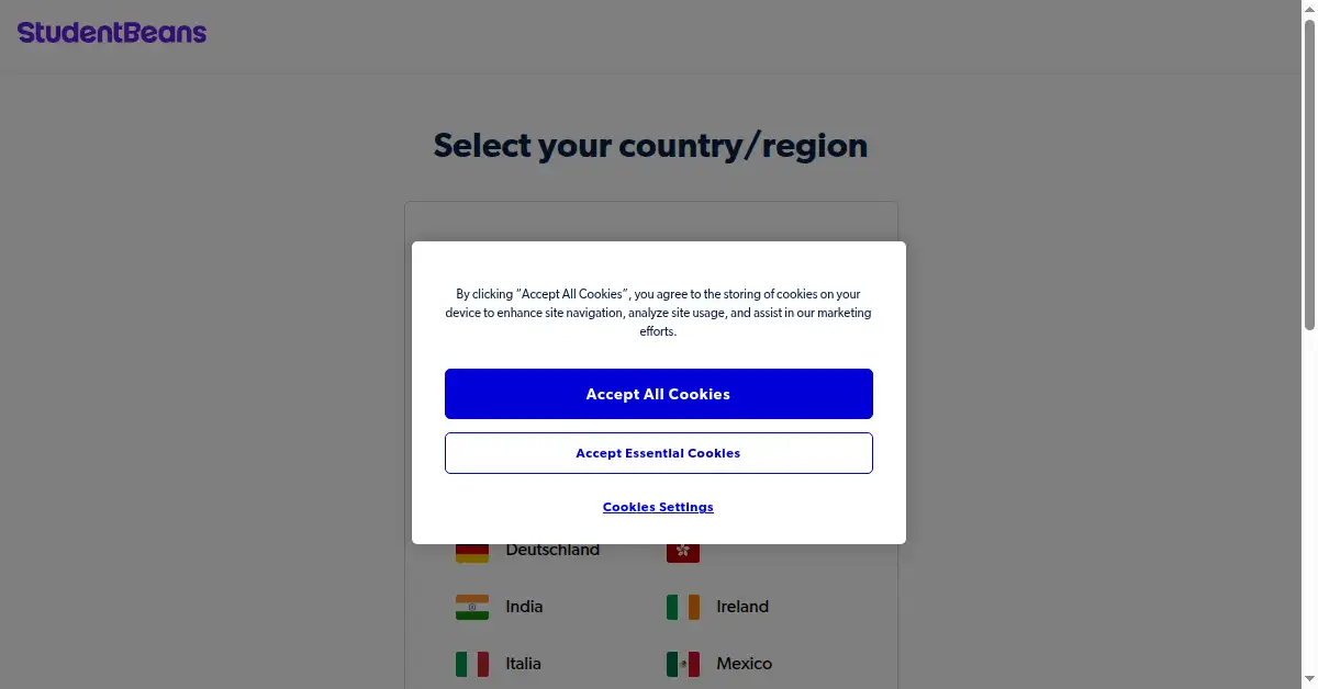 A picture of the homepage of studentbeans.com