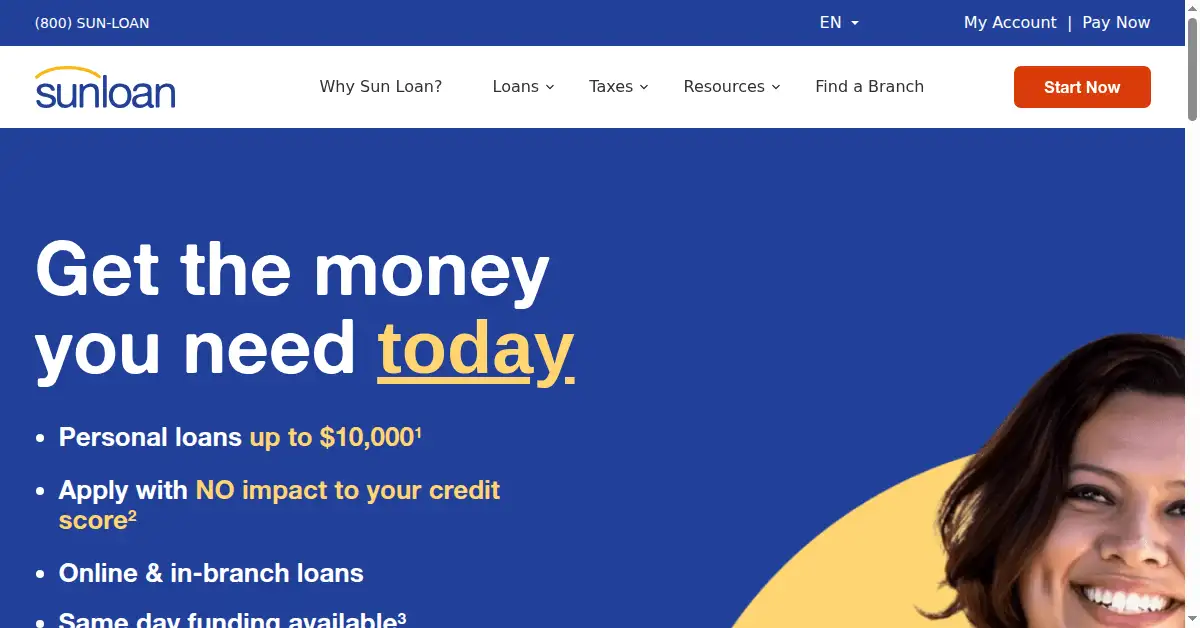 A picture of the homepage of sunloan.com