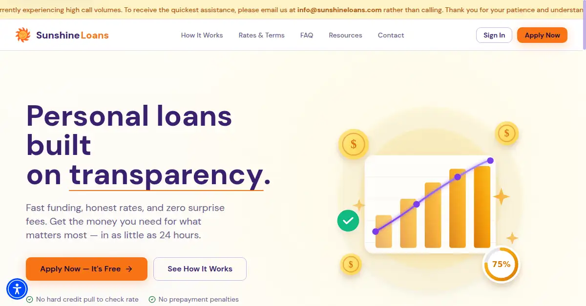 A picture of the homepage of sunshineloans.com