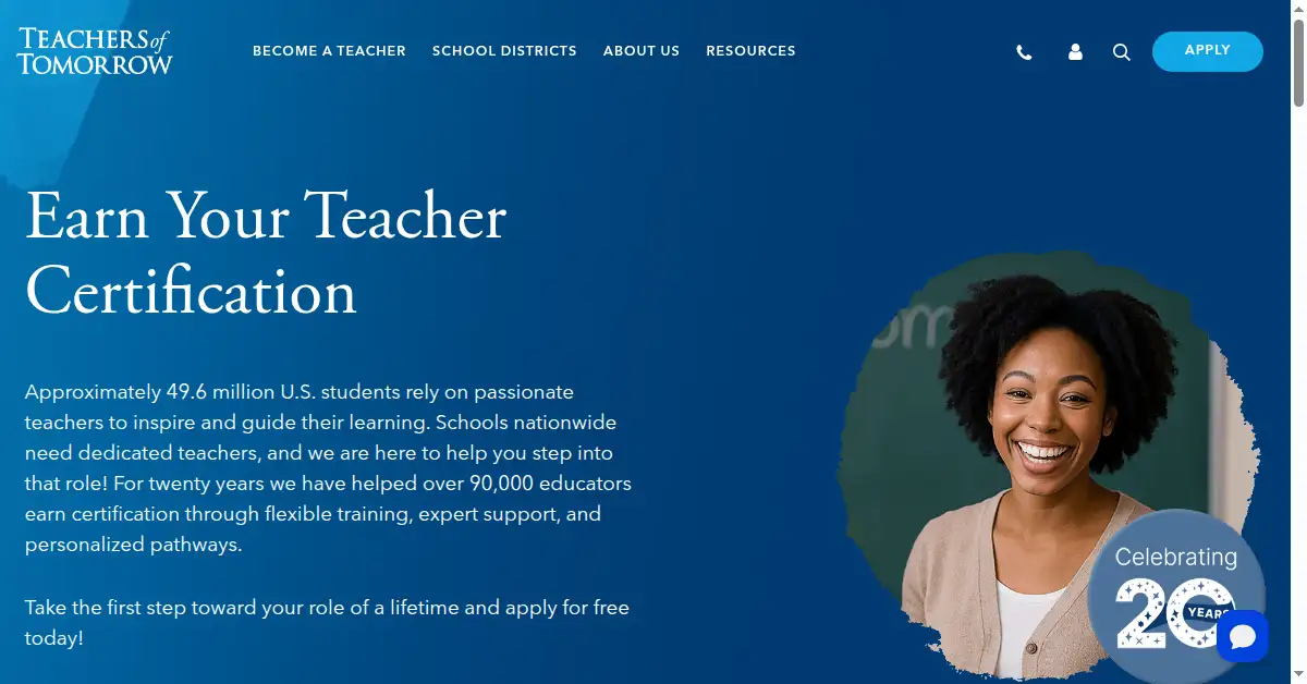 A picture of the homepage of teachersoftomorrow.org