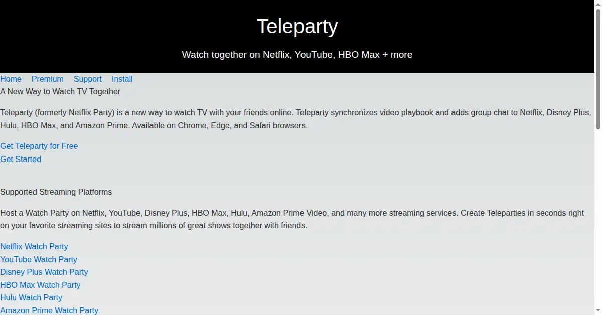 A picture of the homepage of teleparty.com