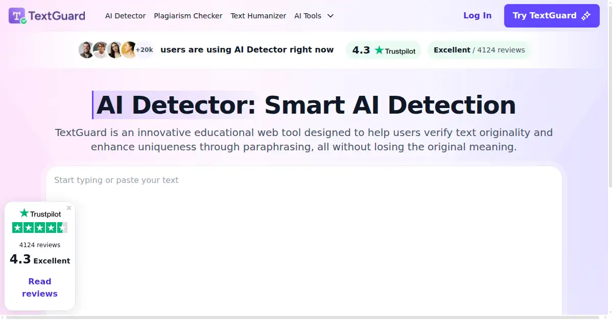 A picture of the homepage of textguard.ai