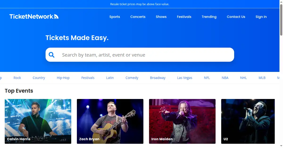 A picture of the homepage of ticketnetwork.com