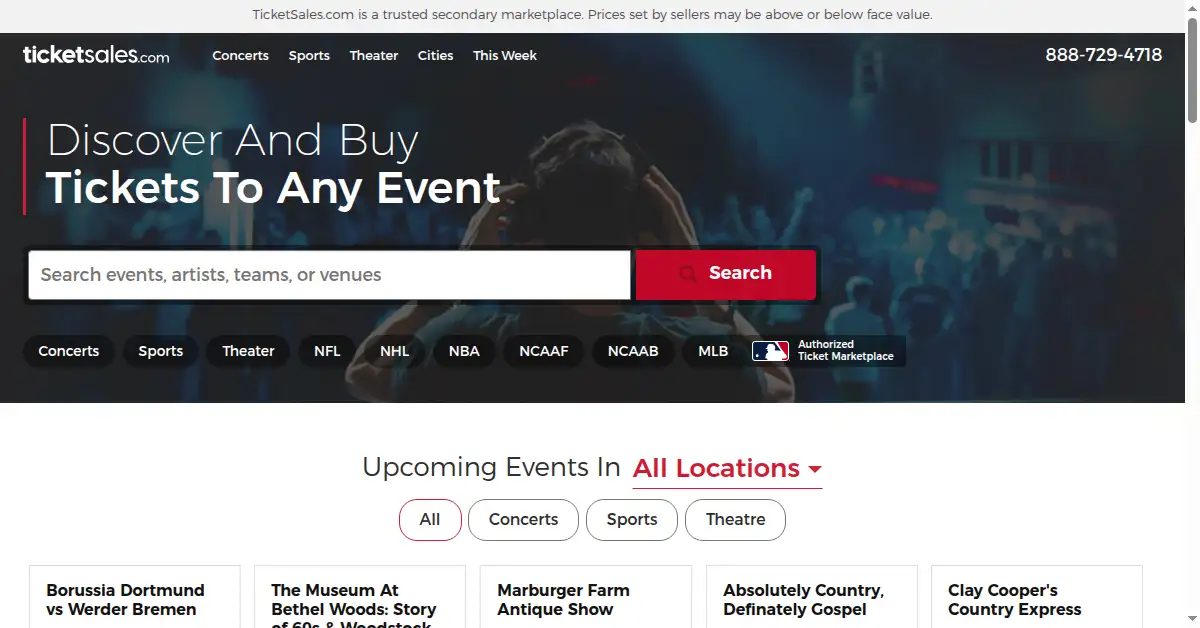 A picture of the homepage of ticketsales.com