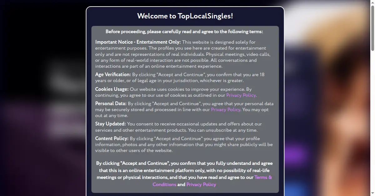 A picture of the homepage of toplocalsingles.com
