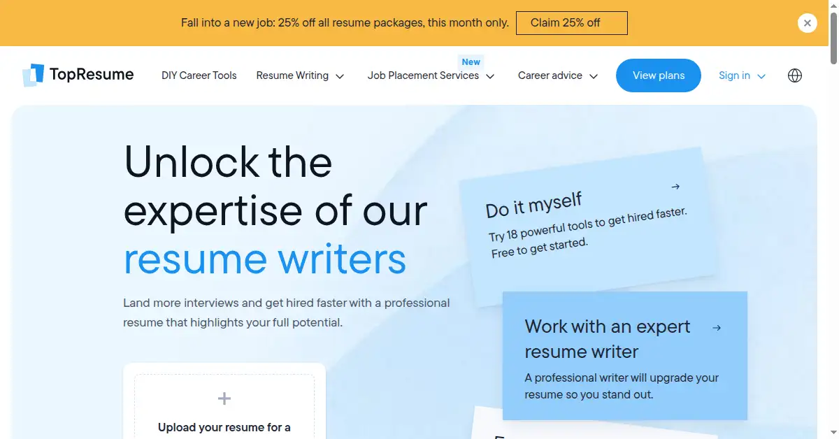 A picture of the homepage of topresume.com