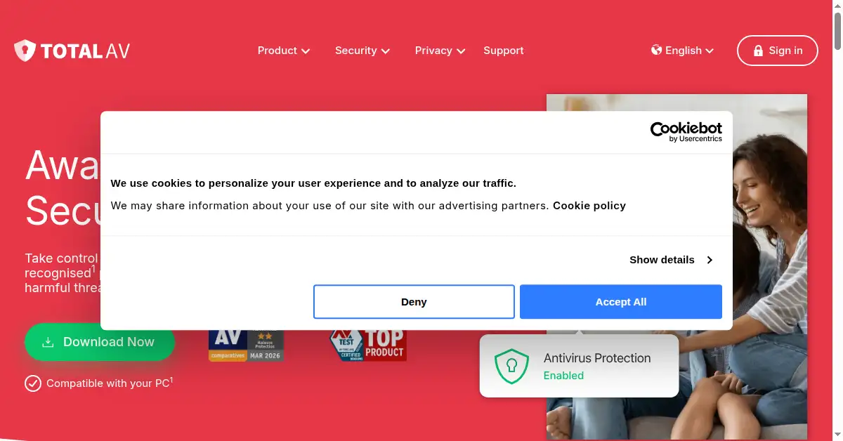 A picture of the homepage of totalav.com