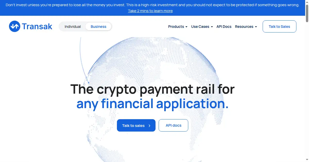 A picture of the homepage of transak.com