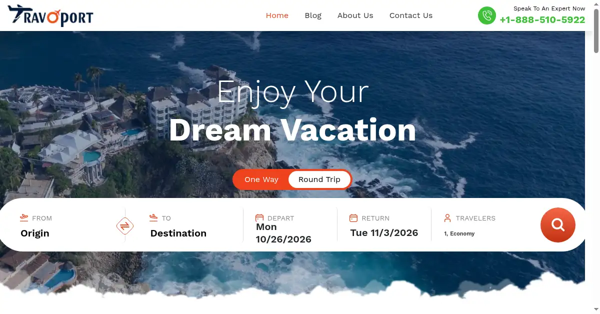 A picture of the homepage of travoport.com