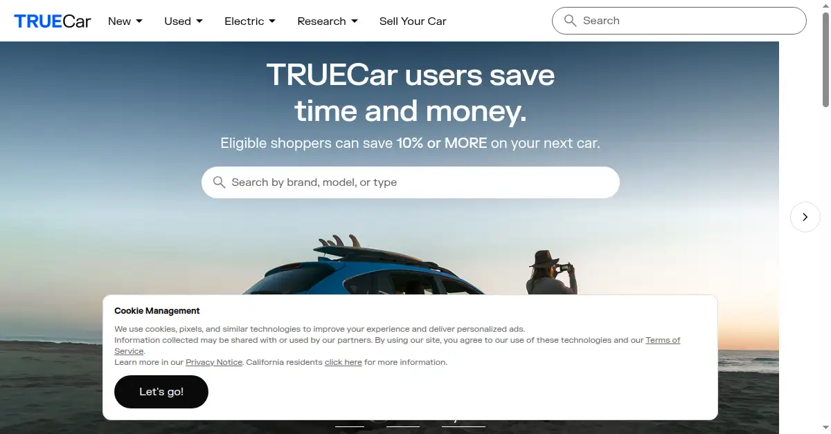 A picture of the homepage of truecar.com