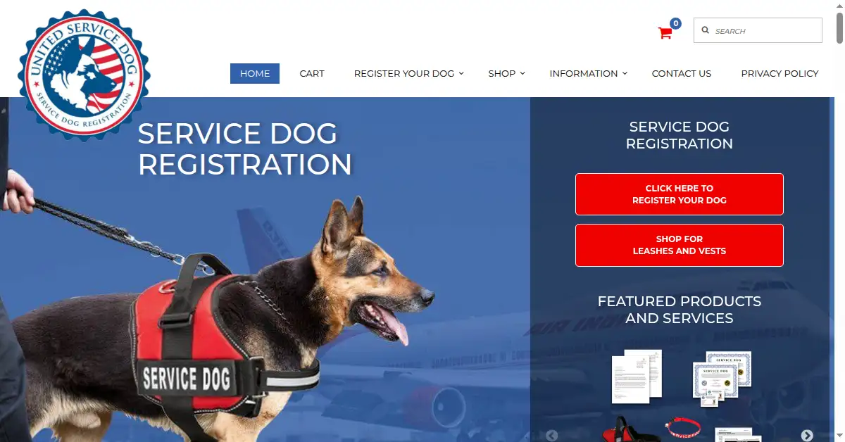 A picture of the homepage of unitedservicedog.com