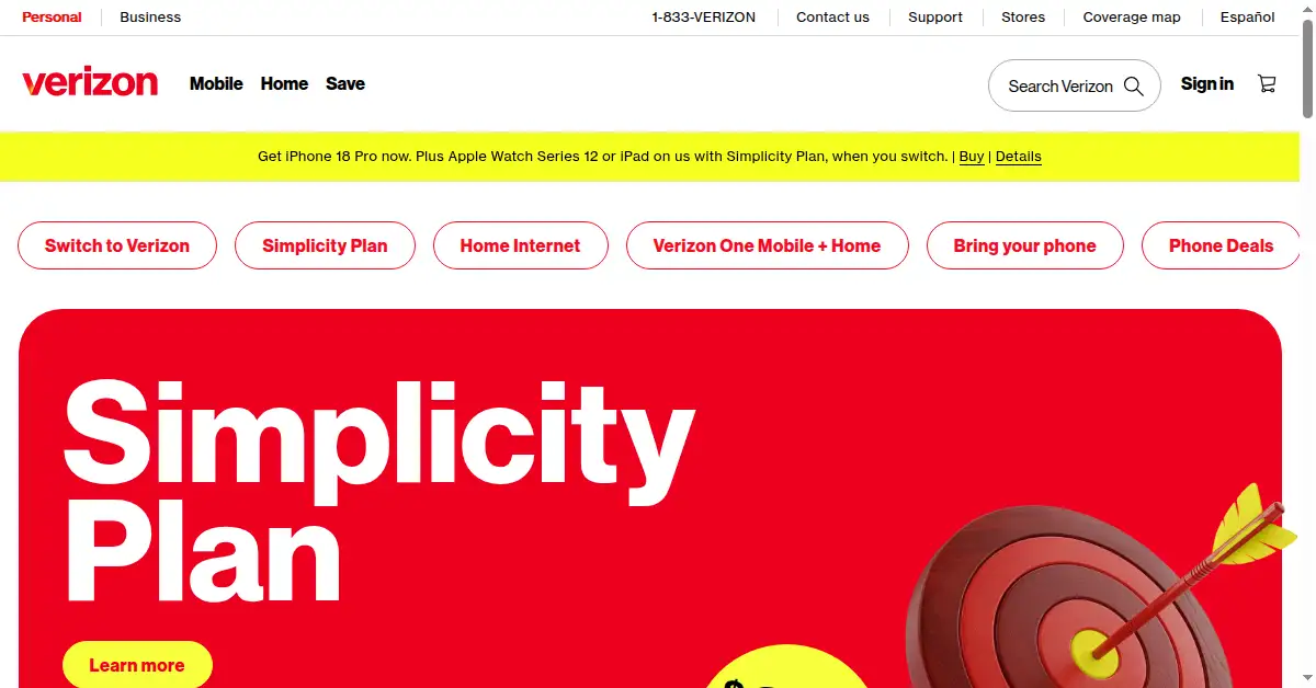 A picture of the homepage of verizon.com