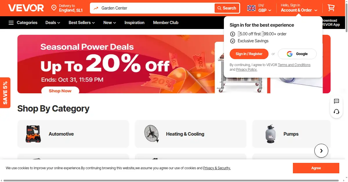 A picture of the homepage of vevor.com