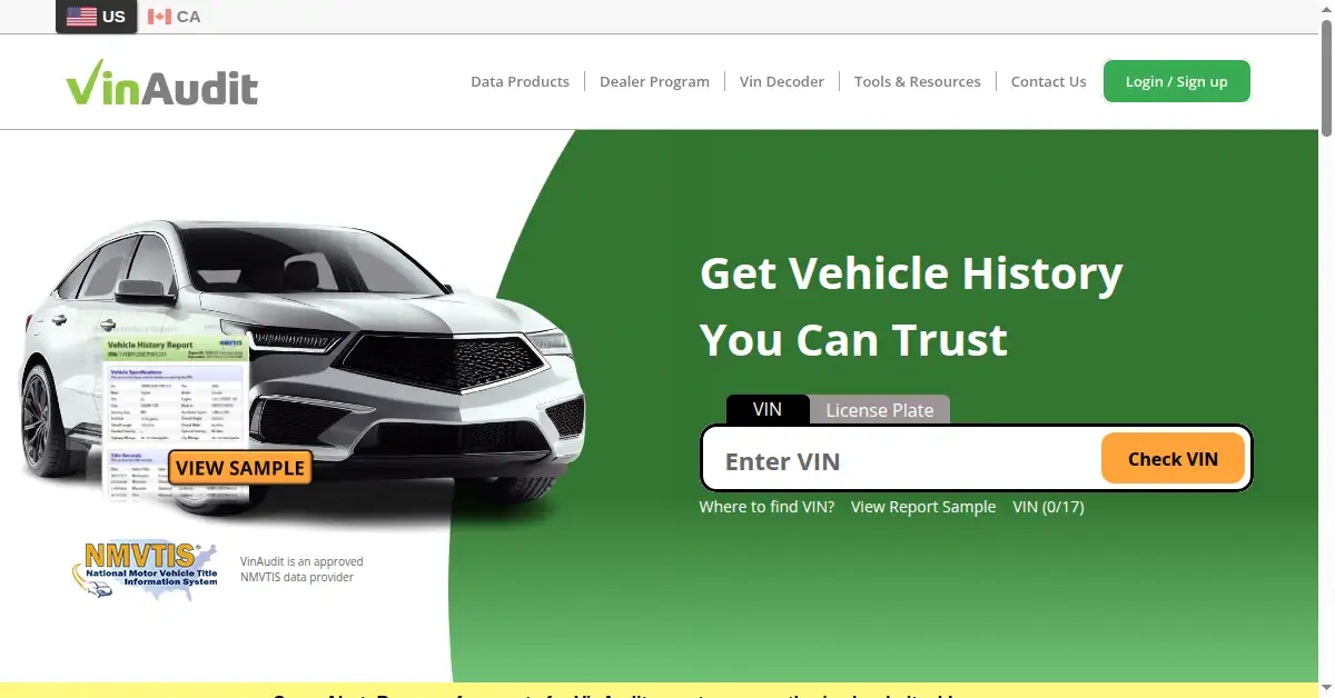 A picture of the homepage of vinaudit.com
