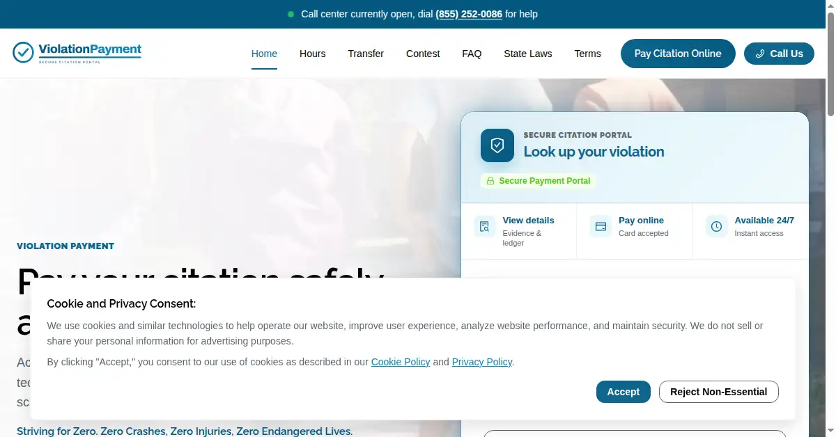 A picture of the homepage of violationpayment.net