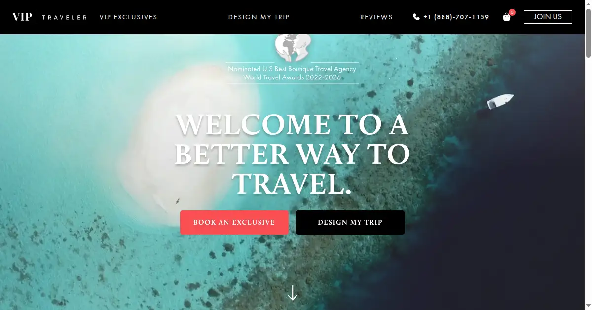 A picture of the homepage of viptraveler.com