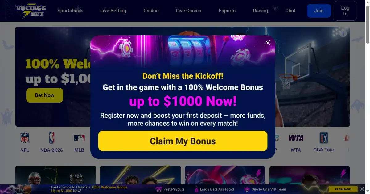 A picture of the homepage of voltagebet.com