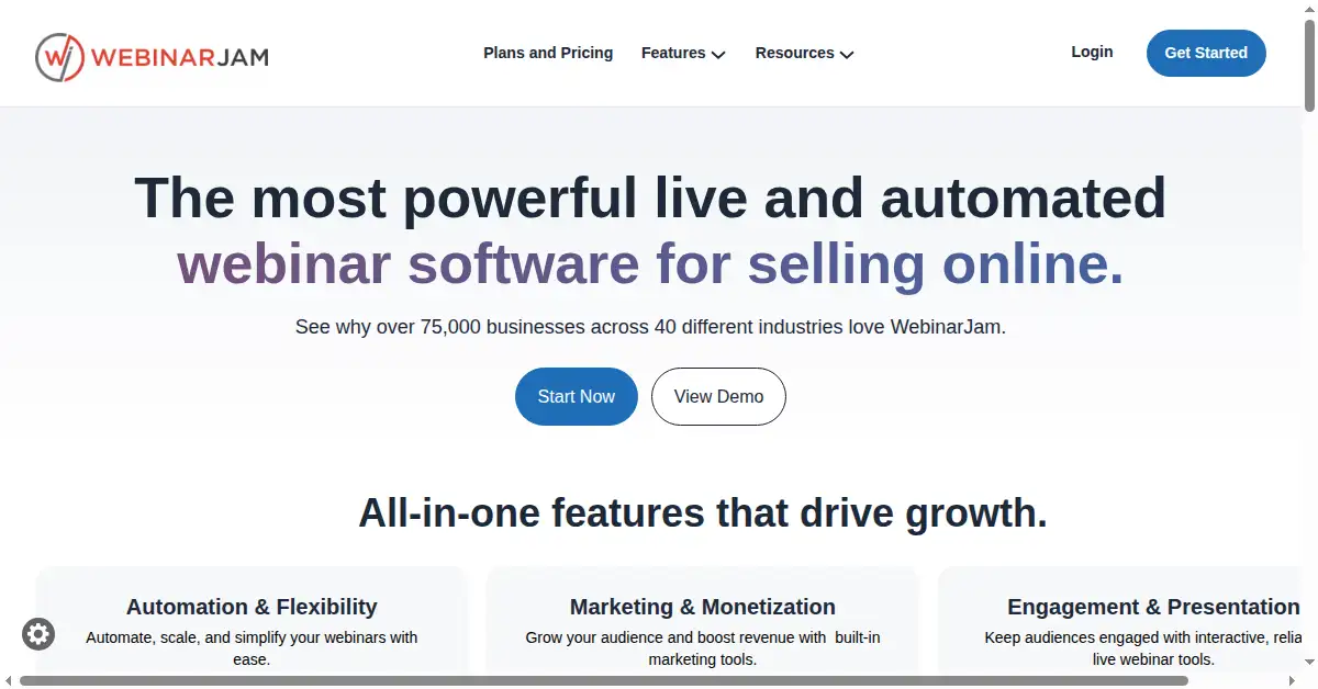 A picture of the homepage of webinarjam.com