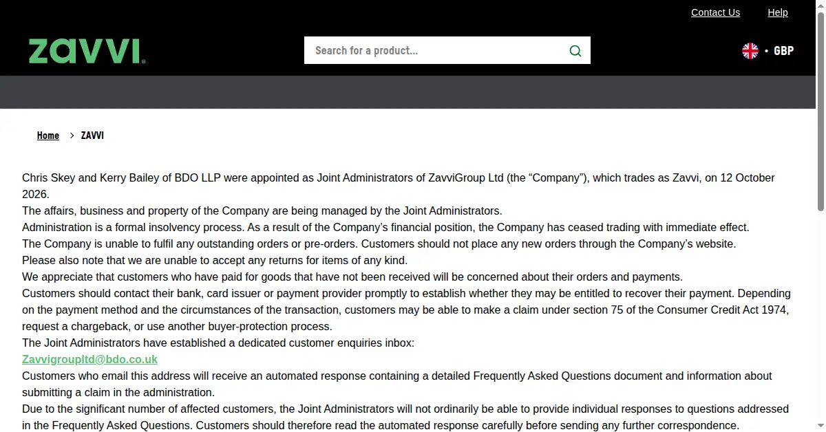 A picture of the homepage of zavvi.com