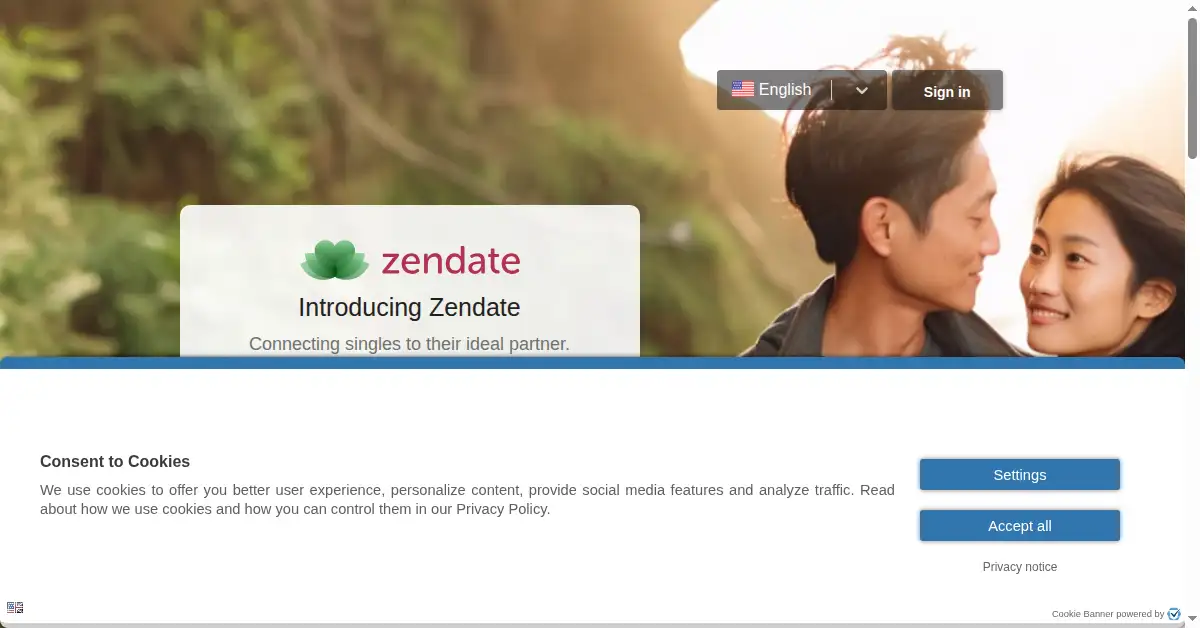 A picture of the homepage of zendate.com