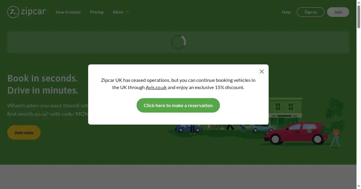 A picture of the homepage of zipcar.com
