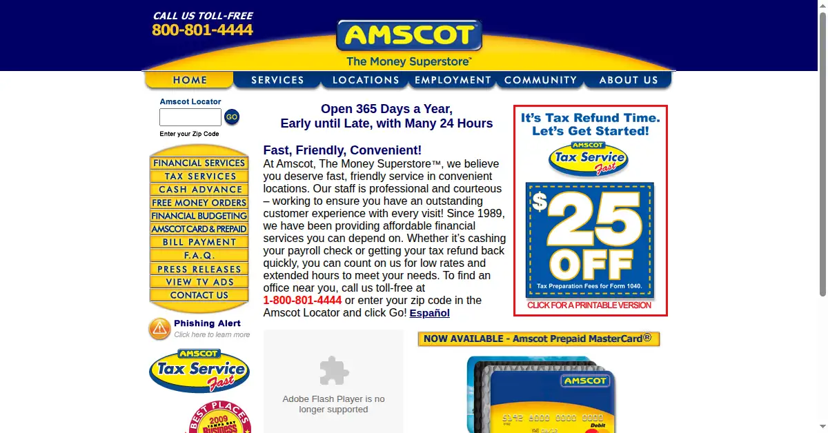 amscot.com as the Internet Archive first saved it, 9 Feb 2010
