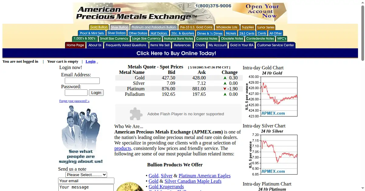 apmex.com as the Internet Archive first saved it, 11 May 2005