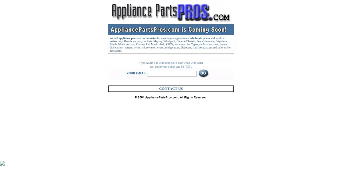 appliancepartspros.com as the Internet Archive first saved it, 23 Jan 2002