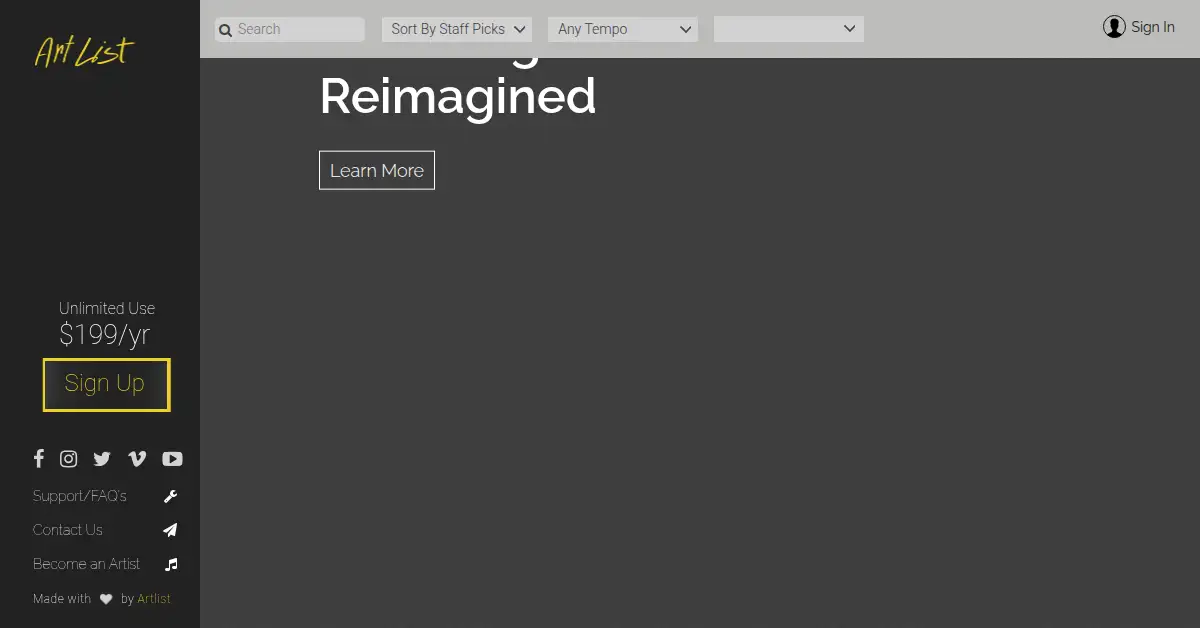 artlist.io as the Internet Archive first saved it, 7 Apr 2017