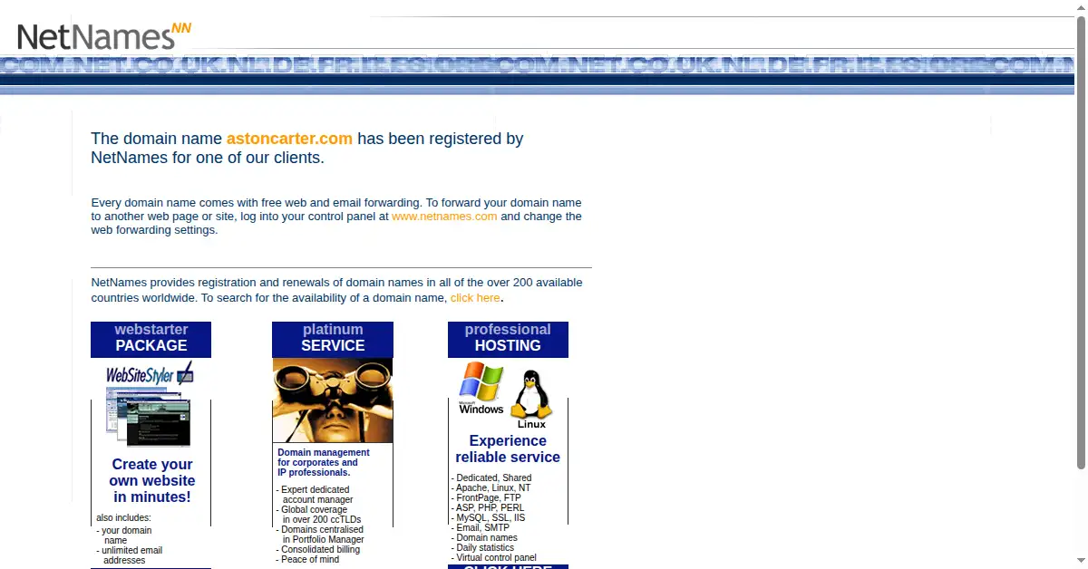 astoncarter.com as the Internet Archive first saved it, 24 Jul 2003