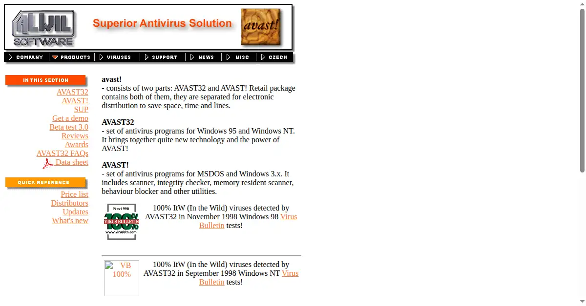 avast.com as the Internet Archive first saved it, 12 Dec 1998