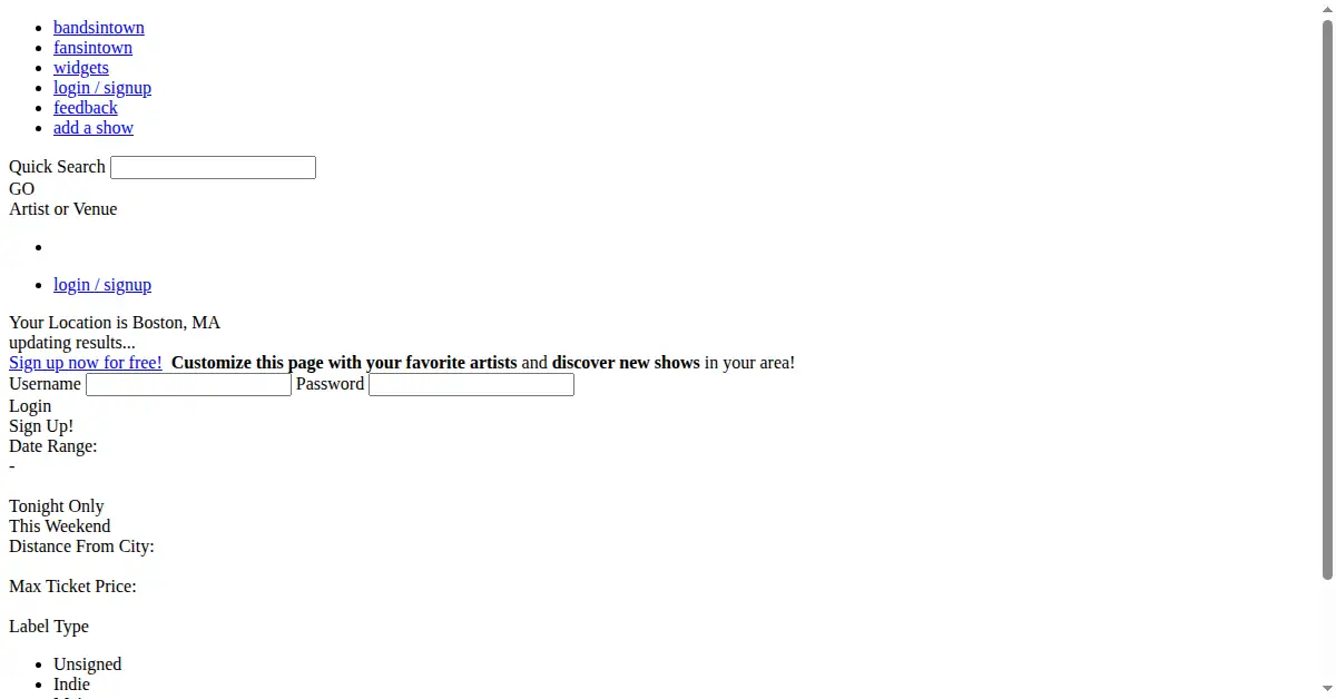 bandsintown.com as the Internet Archive first saved it, 9 Jan 2008