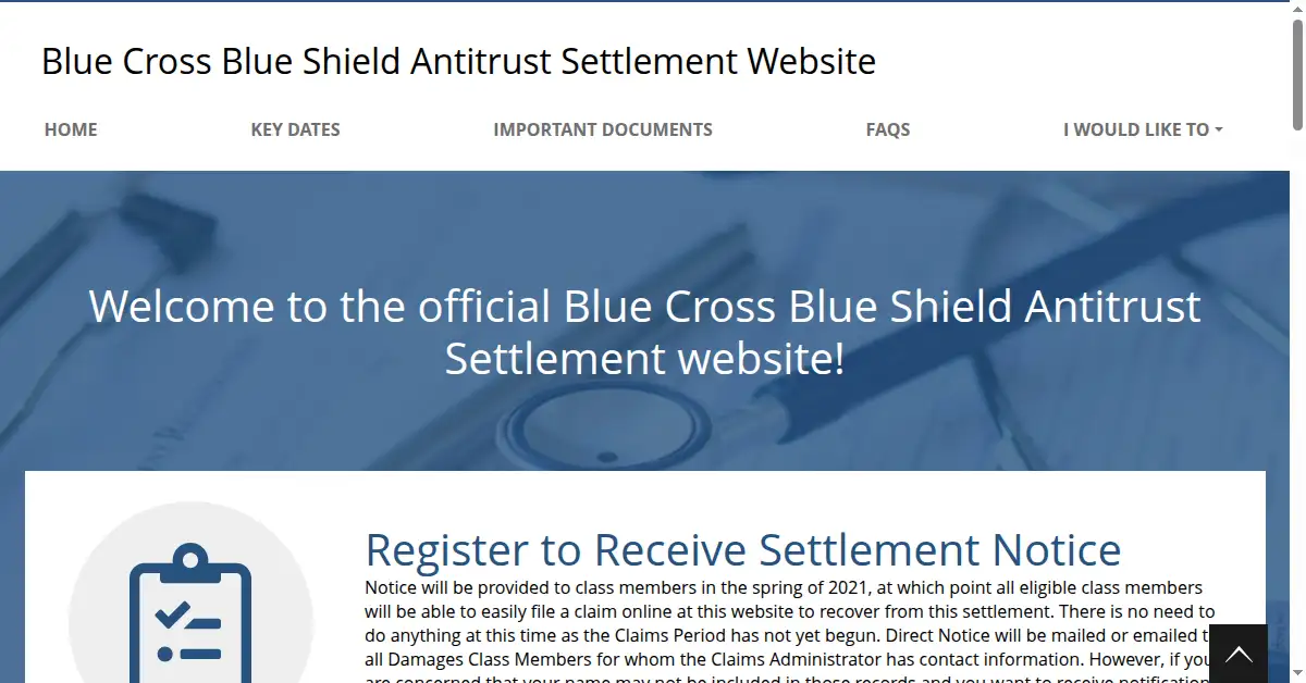 bcbssettlement.com as the Internet Archive first saved it, 2 Mar 2021