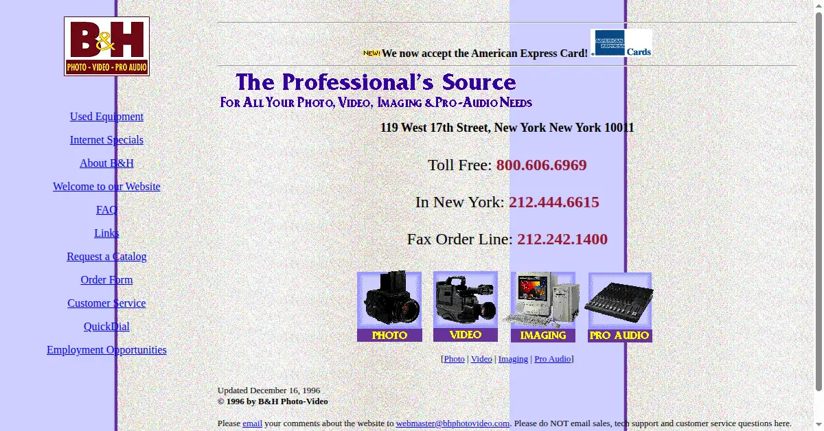 bhphotovideo.com as the Internet Archive first saved it, 27 Dec 1996
