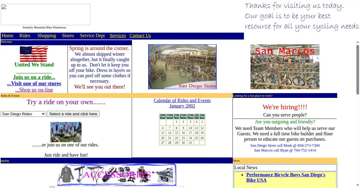 bicyclewarehouse.com as the Internet Archive first saved it, 19 Jan 2002
