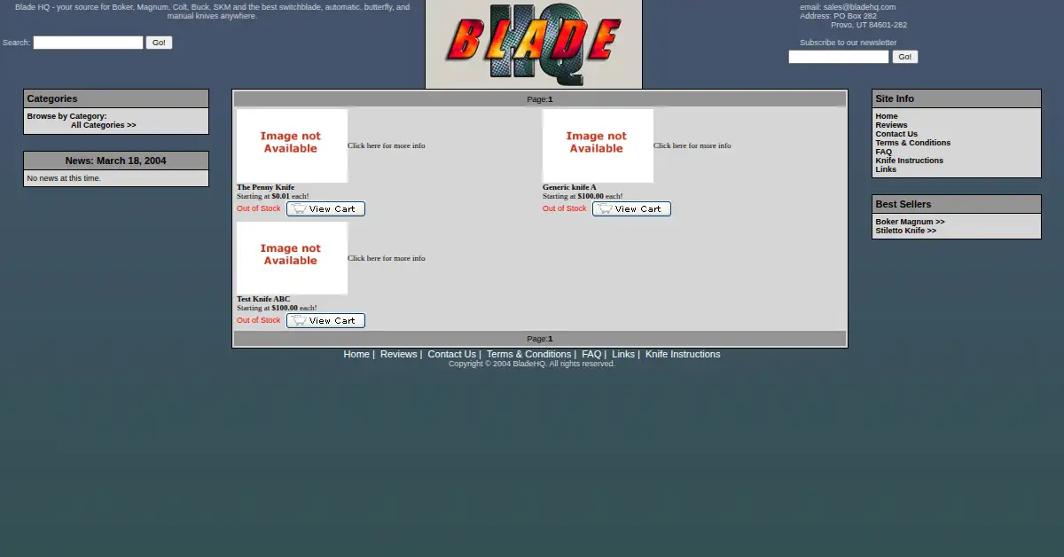 bladehq.com as the Internet Archive first saved it, 18 Mar 2004
