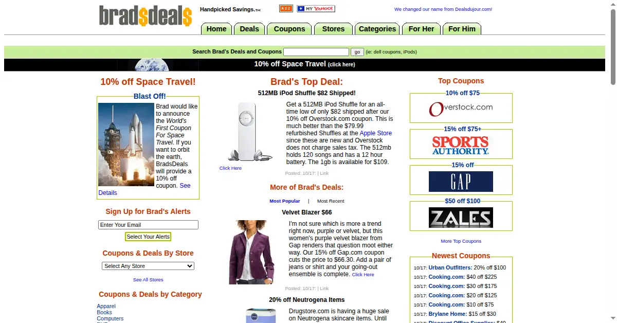bradsdeals.com as the Internet Archive first saved it, 18 Oct 2005