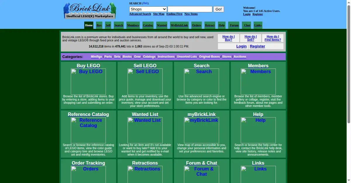 bricklink.com as the Internet Archive first saved it, 22 Sep 2003