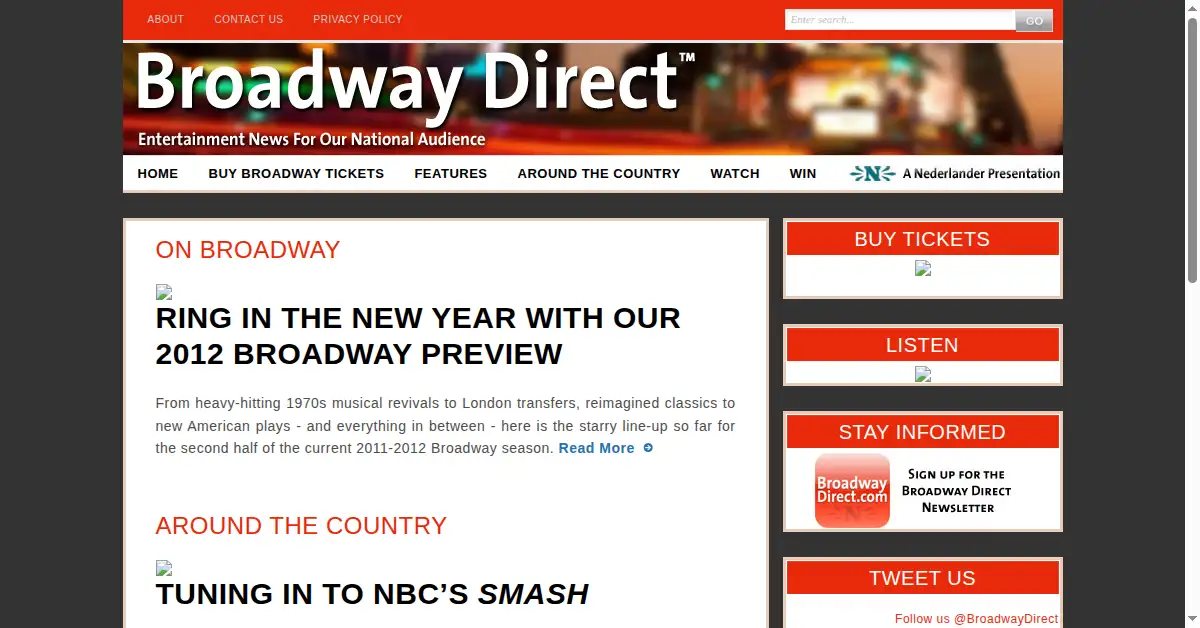 broadwaydirect.com as the Internet Archive first saved it, 3 Jan 2012