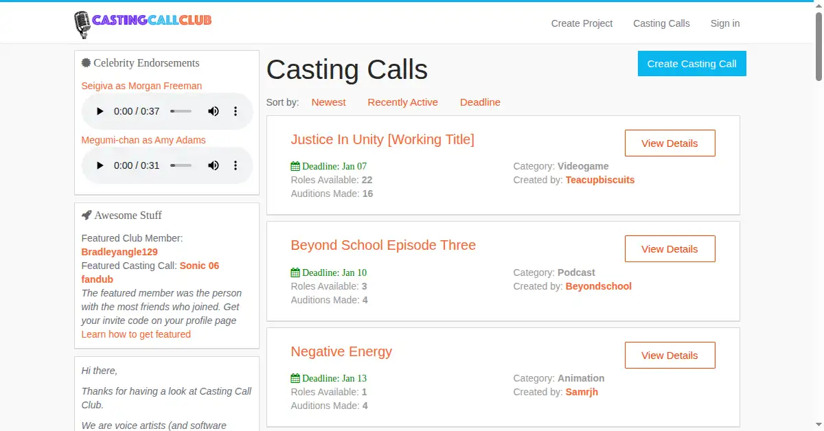 castingcall.club as the Internet Archive first saved it, 7 Jan 2015