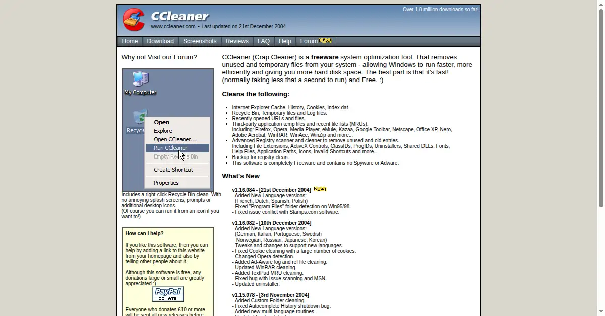 ccleaner.com as the Internet Archive first saved it, 9 Jan 2005