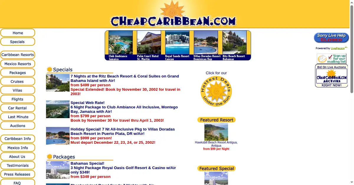 cheapcaribbean.com as the Internet Archive first saved it, 21 Nov 2002