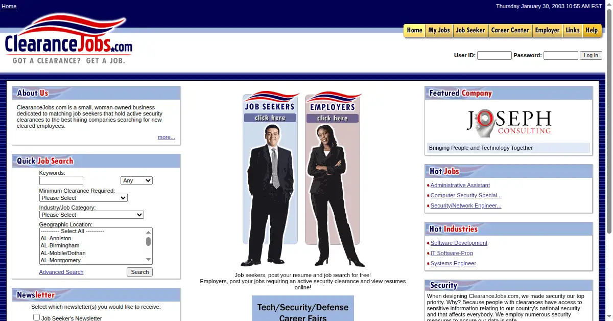 clearancejobs.com as the Internet Archive first saved it, 30 Jan 2003