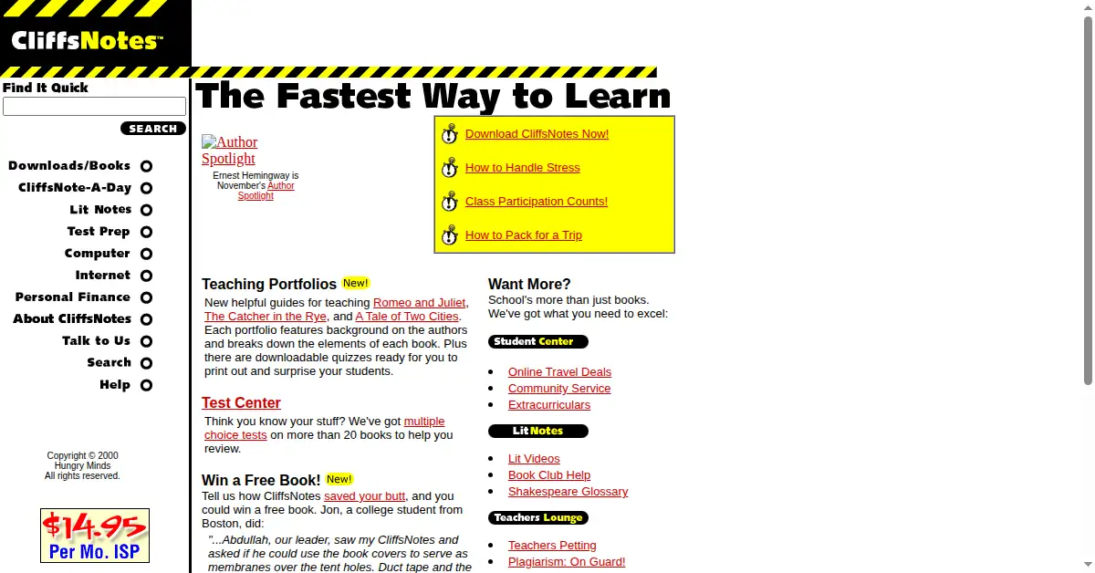 cliffsnotes.com as the Internet Archive first saved it, 19 Nov 2000