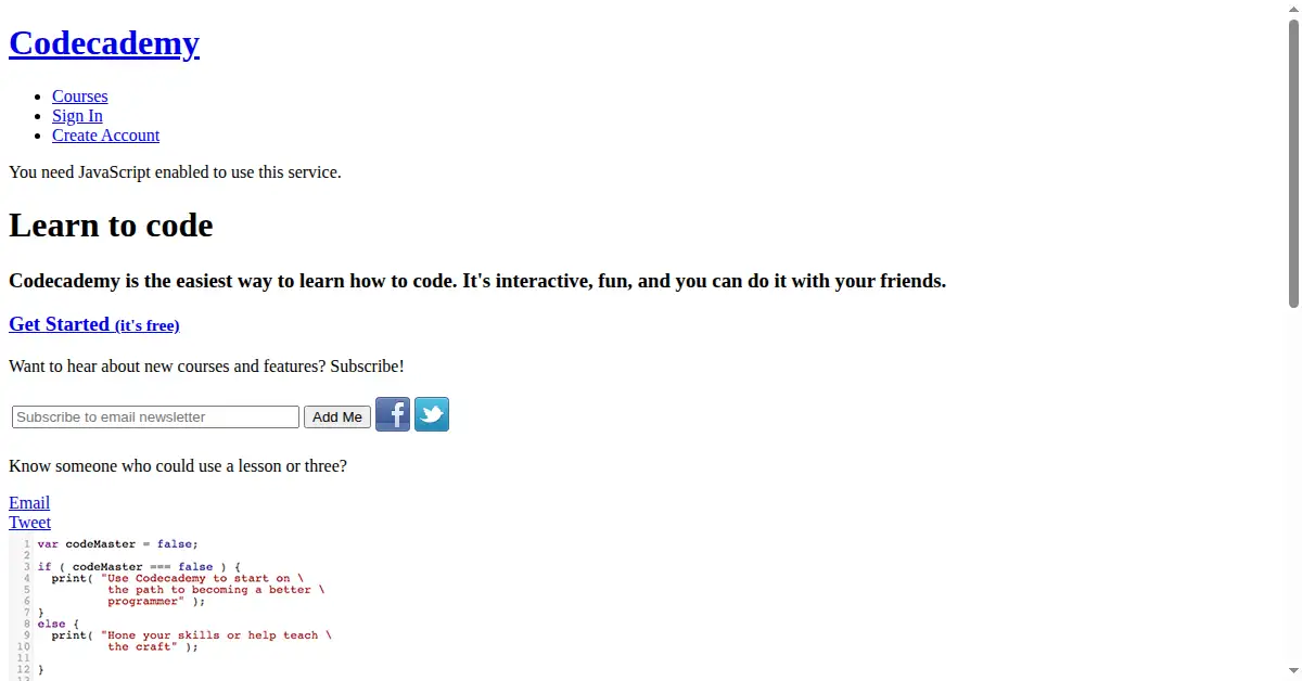 codecademy.com as the Internet Archive first saved it, 20 Aug 2011