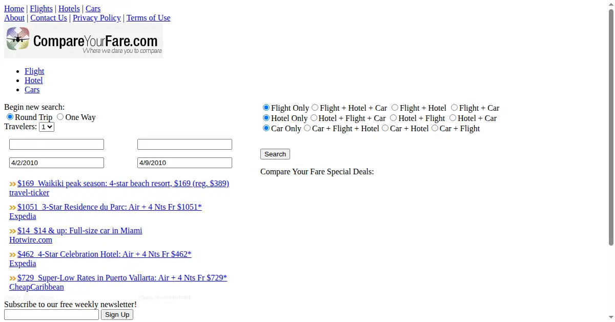 compareyourfare.com as the Internet Archive first saved it, 1 Apr 2010