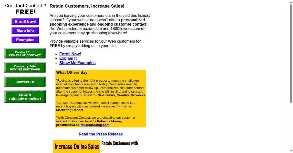 constantcontact.com as the Internet Archive first saved it, 8 Feb 1999